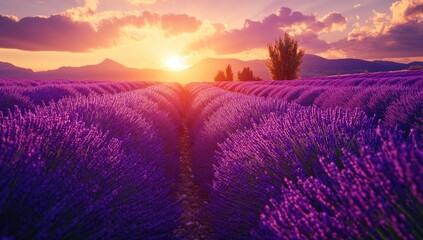 Lavender field glows with sunset, mountains in background