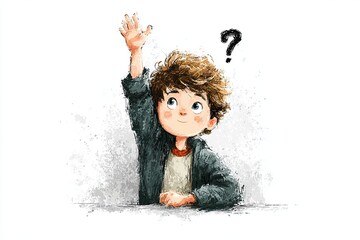 A small child will raise his hand to answer a question. Cartoon illustration