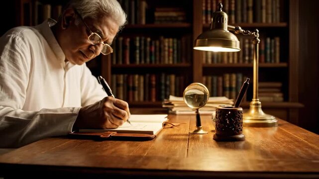 Elderly man focused on writing notes at wooden desk illuminated by warm lamp. Cozy library setting with shelves filled with books. Concept of education, literature, personal reflection