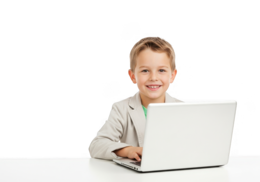 Cute little boy in suit using laptop isolated on transparent background smart child working on computer kid learning and playing online - Powered by Adobe