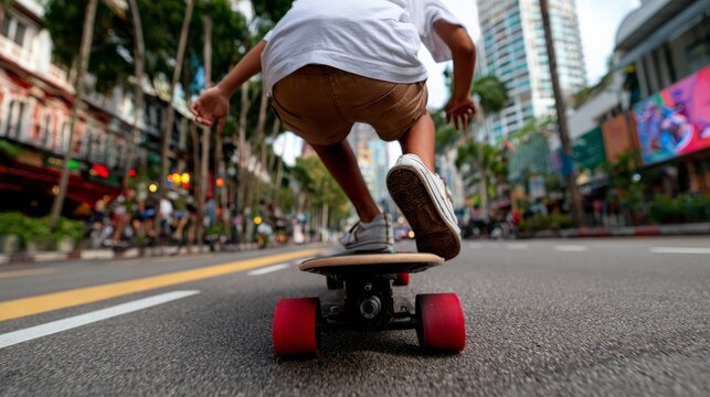Male skateboarder riding skateboard down street at night. - Powered by Adobe