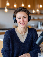 Woman smiling recording podcast wearing headphones