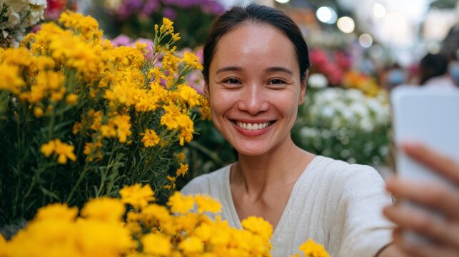 Woman taking selfie with flowers behind her. - Powered by Adobe