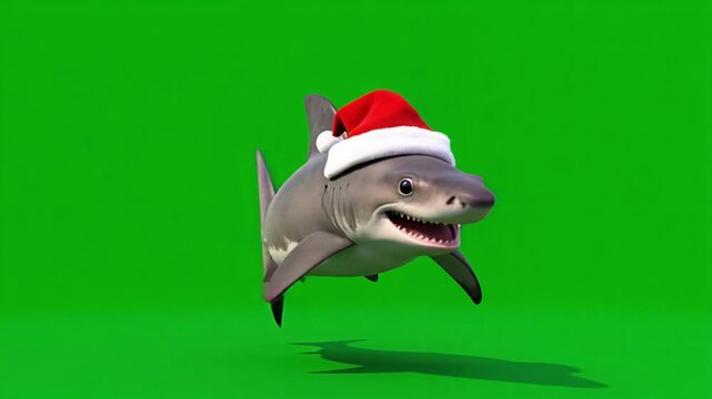 Festive Hammerhead Shark Walkcycle in 4K Video Footage with Green Screen and Santa Hat - Perfect for Holiday Greetings and Animated Projects!