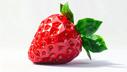 Polygonal strawberry with sharp red facets and green leaves isolated on white background, 3D low-poly fruit illustration, modern geometric digital art design