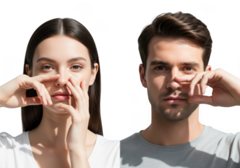 A young couple demonstrates a face yoga exercise to reduce wrinkles isolated on transparent background they are using their hands to massage their face