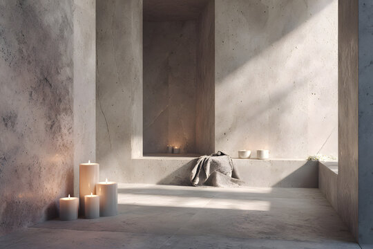 serene minimal interior with soft glowing candles and marble textures creating a peaceful luxury spa inspired feeling