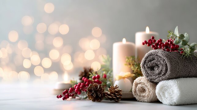 Christmas spa towels with candles, berries and pinecones, festive bokeh lights background, close-up, copy space - Powered by Adobe