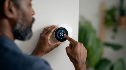 Man interacting with smart home device.
