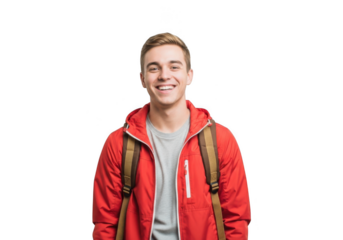 Happy young man in red jacket with backpack isolated on transparent background looking at camera and smiling cheerfully in studio shot