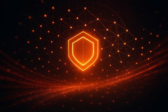 Cybersecurity hologram interface, glowing shield and network graph, protection concept
