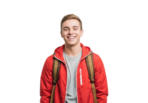 Happy young man in red jacket with backpack isolated on transparent background looking at camera and smiling cheerfully in studio shot