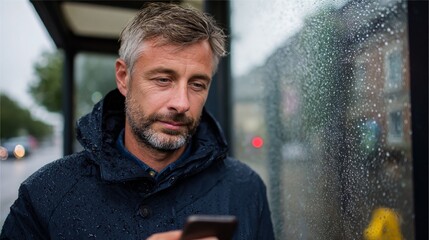 Man using phone at bus stop during rain.