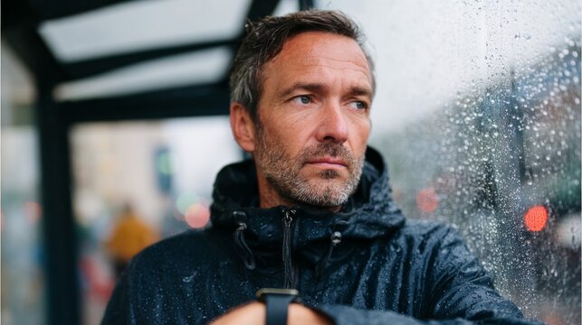 Man standing at train station looking out window during rainy day.