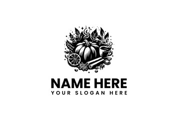 Autumnal Harvest Pumpkin Citrus Spices and Coffee in Detailed Black and White Illustration.