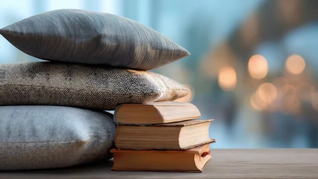 A harmonious arrangement of comfortable pillows and classic books creates a tranquil atmosphere on a wooden surface. Warm bokeh lights evoke a sense of calm and modern interior coziness
