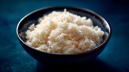 A bowl of white rice is sitting on a blue surface
