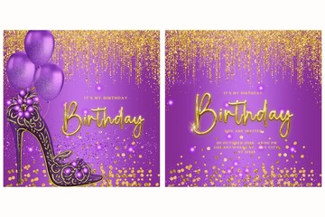 Luxury purple and gold birthday invitation with glitter high heels, balloons, and sparkling golden confetti. Ideal for sweet sixteen, 18th, 21st birthdays, glamorous parties, and elegant celebrations.