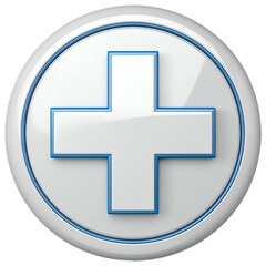 Fototapeta premium A luminous, three-dimensional white cross emblem with a blue outline, contained within a circular frame, sits atop a black backdrop, offering a glossy and reflective appearance to its medical or...