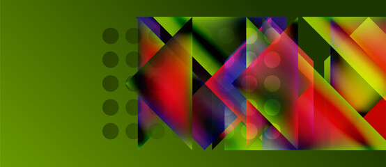 Abstract geometric design features vibrant triangles, circles, gradients. Green background provides contrast, creating dynamic visual impact.