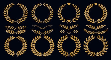 A collection of golden laurel wreaths and decorative elements for award and recognition designs.