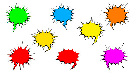 Collection of colorful speech bubbles with splashes of paint and ink bursts.