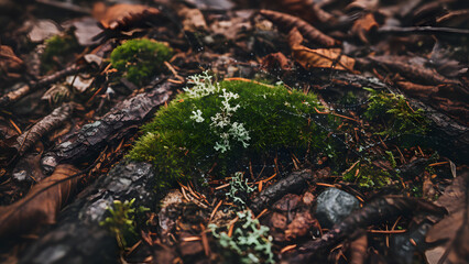 AI-Generated Macro of bright green moss on the rock in a spring forest, where young leaves and grass show growth