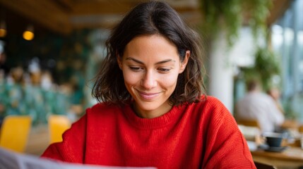 Woman holding phone at cafe table.
