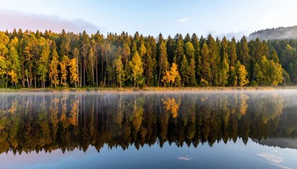 Autumn Forest Reflection in Calm Lake at Dawn with Mist and Trees in Golden and Green Hues and Clear Sky for Serene Landscape in Peaceful Setting