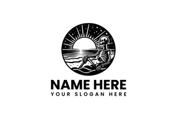 Contemplative Skeleton at Sunset Seascape Logo Design.