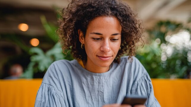 Woman sitting at restaurant table, smiling at phone.
