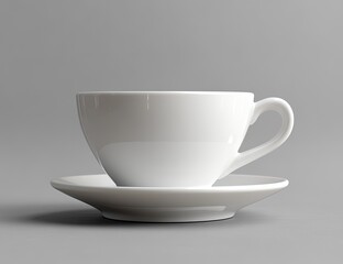 White teacup & saucer set against a muted grey background