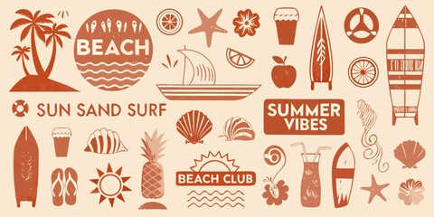 Collection of summer beach icons and symbols in a retro style with palm trees surfboards and tropical elements