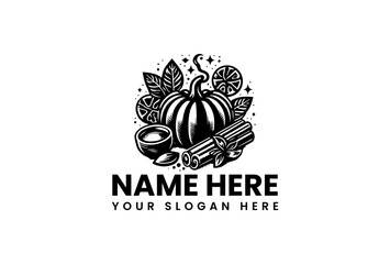 Detailed Black and White Logo Featuring Pumpkin Cinnamon and Leaves.