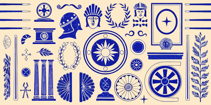 Collection of ancient greek and roman symbols and ornaments in blue on a beige background