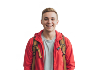 Smiling young man with a backpack isolated on transparent background, wearing a red jacket, exuding happiness and a sense of adventure in a casual style