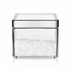 Square clear container with sparkling crystals inside