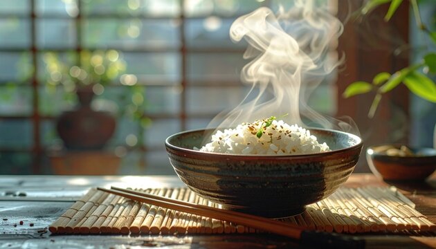  Mindful Eating Setup – Chopsticks, Rice Bowl, Steam Rising, Zen Atmosphere 