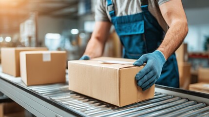 Warehouse worker in blue overalls placing a box onto a conveyor belt for shipping