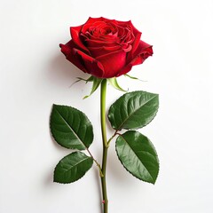 Single red rose, long stem, several leaves, white backdrop