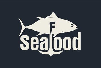Vector sign with anchor and tuna fish. Seafood. Logo, menu, label for restaurant, cafe. Fish store, market signboard. No ai used