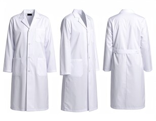 Three views of a white, buttoned, long lab coat