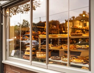 Rainy day outside a cozy bakery