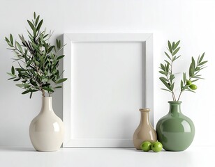 Mockup, white frame, vases, olive branches against white