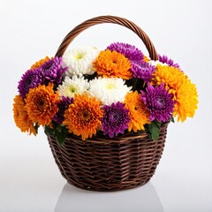 Woven basket brimming with vibrant colorful chrysanthemum blooms
