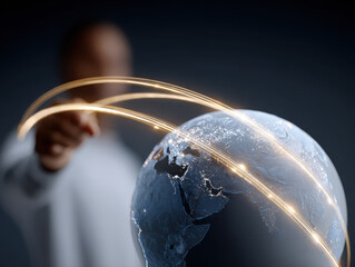 Person touching a global network connection on earth