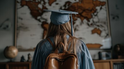 Recent graduate wearing a cap and gown looks toward a world map on the wall