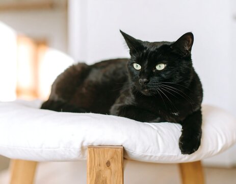 A sleek black cat with green eyes on a white stool - Powered by Adobe
