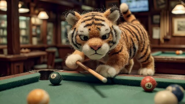 Tiger playing pool with cue ball striking balls in a bar setting