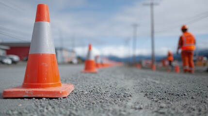 Close-up of a bright orange traffic cone on a gravel road with construction workers in the background